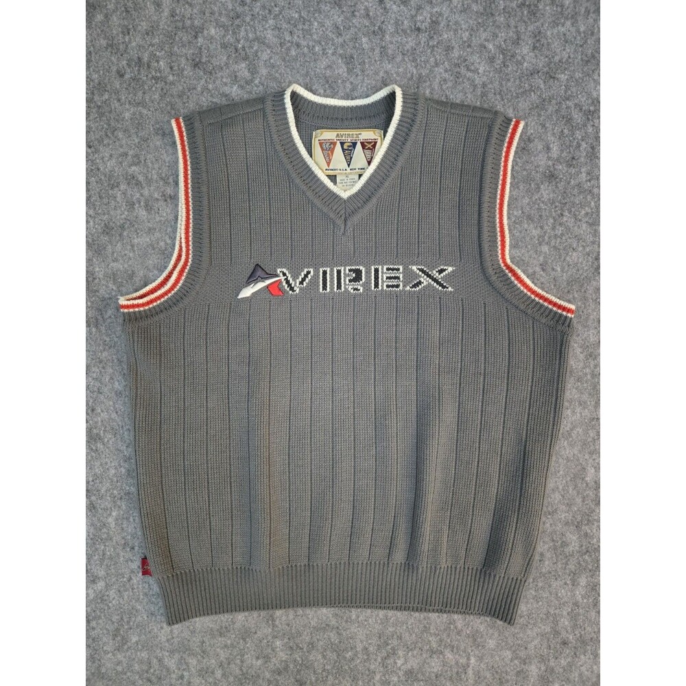 Vintage Avirex Varsity White Gray Sweater V-Neck Vest 90s Y2k Hip Hop Sz XL